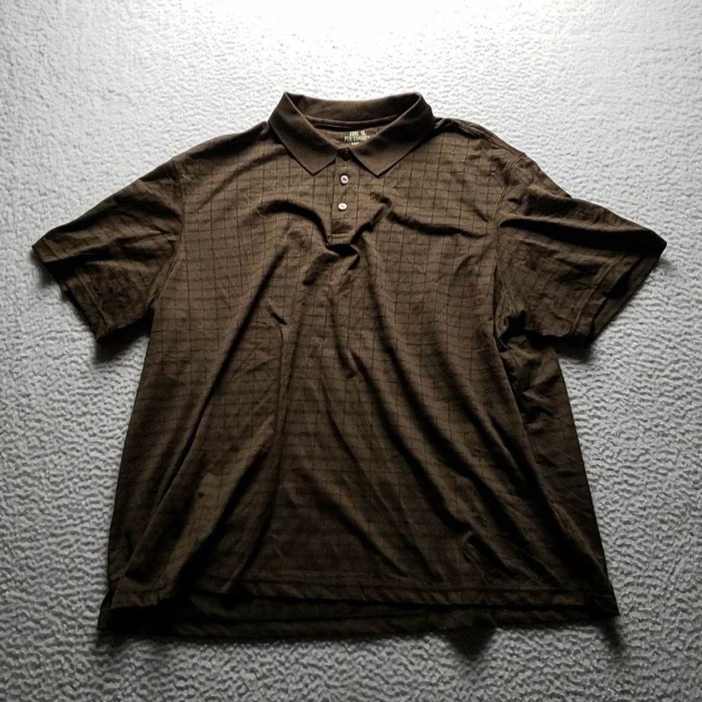 Haggar Cool 18 Performance Polo Shirt Mens 2XL Brown Check Short Sleeve Knit Top